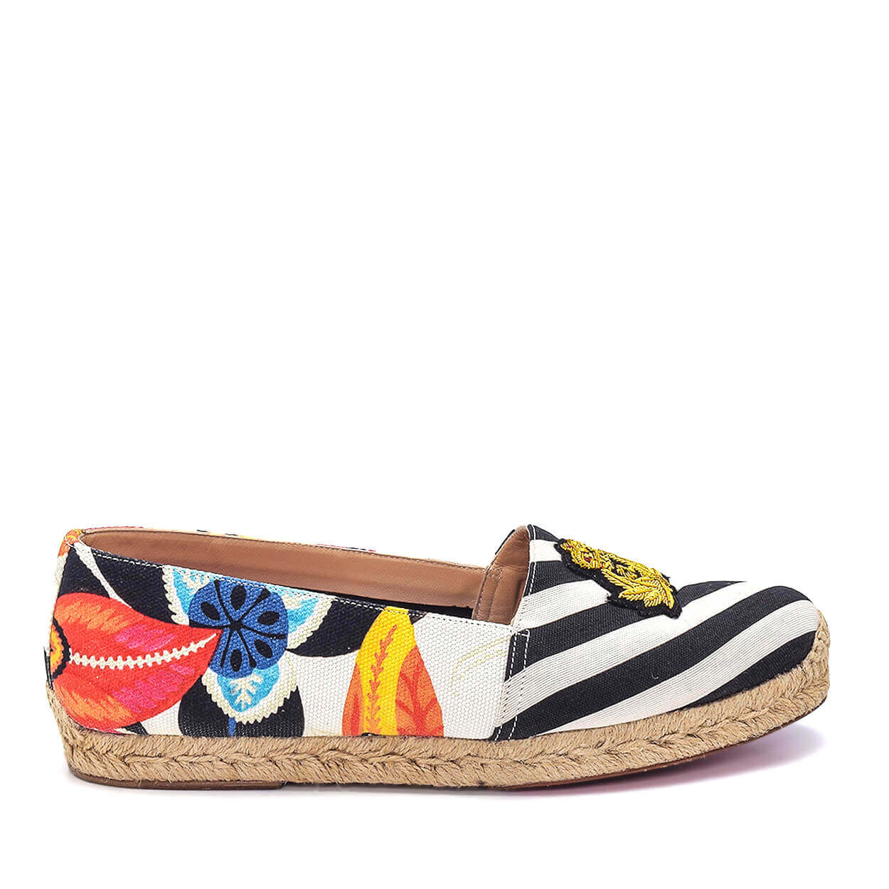 Christian Louboutin - Black & White Canvas Striped CL Embroidered Galia Espadrilles